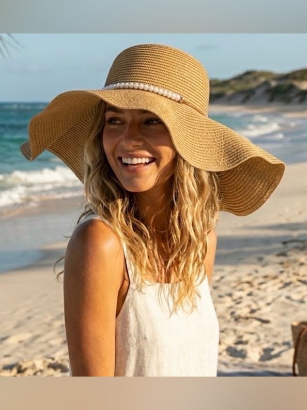 Cupshe Tan Straw Wide-Brim Sun Hat with Pearl Accent